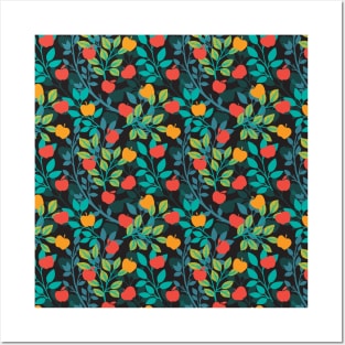 Night Summer Red and Green Colors Apple Fruit Pattern Posters and Art